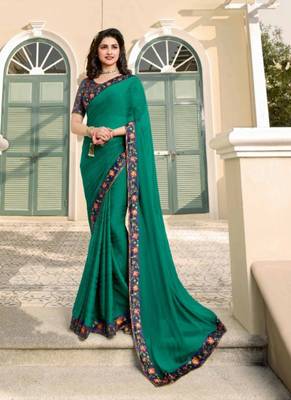 Dark sea green embroidered silk saree with blouse 2