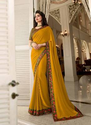 Mustard embroidered silk saree with blouse 1