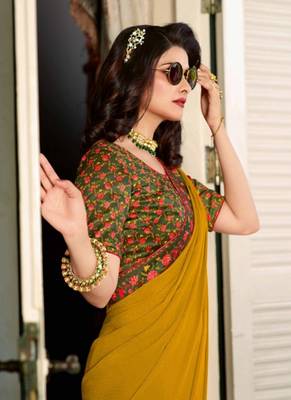 Mustard embroidered silk saree with blouse 3