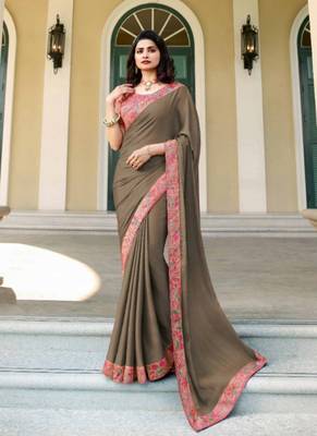 Dark slate grey embroidered silk saree with blouse 1