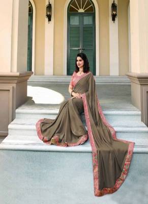 Dark slate grey embroidered silk saree with blouse 2