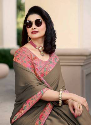 Dark slate grey embroidered silk saree with blouse 4