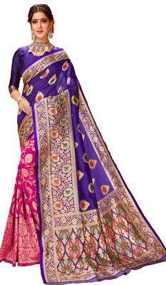 New Stylish Blue & Pink Color Banarasi Half & Half Cotton Silk Saree 1