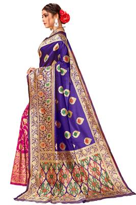 New Stylish Blue & Pink Color Banarasi Half & Half Cotton Silk Saree 3