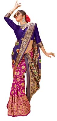 New Stylish Blue & Pink Color Banarasi Half & Half Cotton Silk Saree 4
