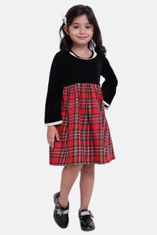 Velvet Twill Full Sleeve Dress For Baby Girl-Black