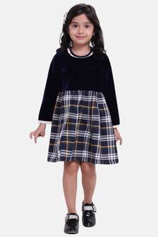Velvet Twill Full Sleeve Dress For Baby Girl-Navy Blue