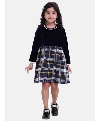 Velvet Twill Full Sleeve Dress For Baby Girl-Navy Blue 1