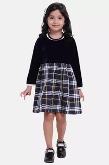 Velvet Twill Full Sleeve Dress For Baby Girl-Navy Blue