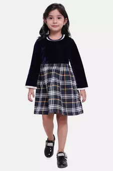 Velvet Twill Full Sleeve Dress For Baby Girl-Navy Blue