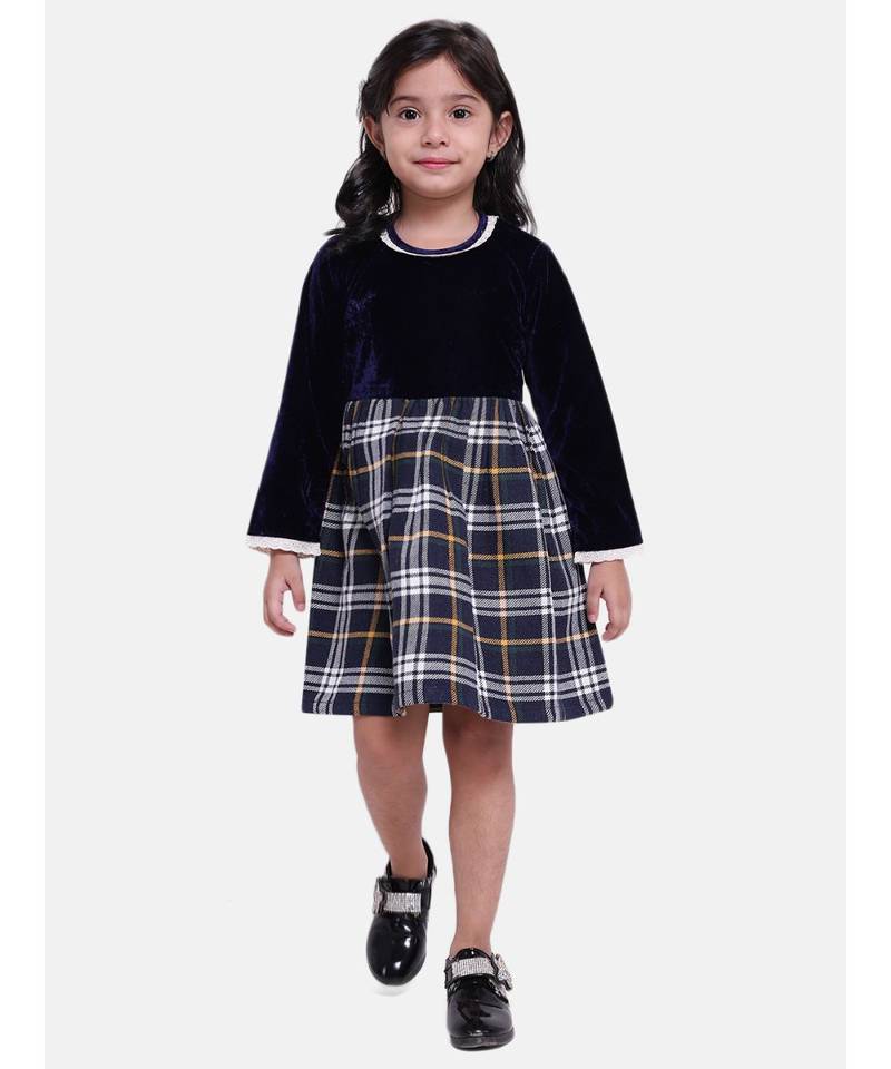 Velvet Twill Full Sleeve Dress For Baby Girl-Navy Blue
