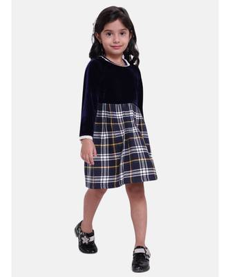 Velvet Twill Full Sleeve Dress For Baby Girl-Navy Blue 3