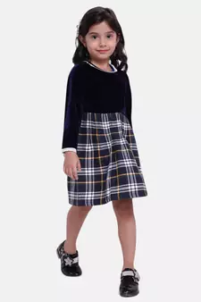 Velvet Twill Full Sleeve Dress For Baby Girl-Navy Blue