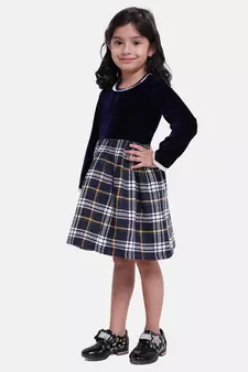 Velvet Twill Full Sleeve Dress For Baby Girl-Navy Blue