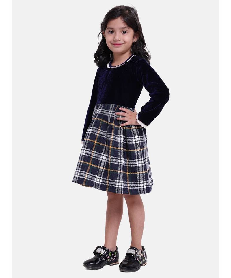 Velvet Twill Full Sleeve Dress For Baby Girl-Navy Blue