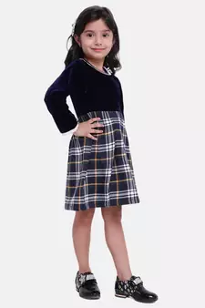 Velvet Twill Full Sleeve Dress For Baby Girl-Navy Blue