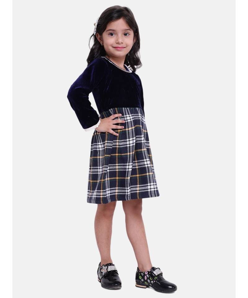 Velvet Twill Full Sleeve Dress For Baby Girl-Navy Blue