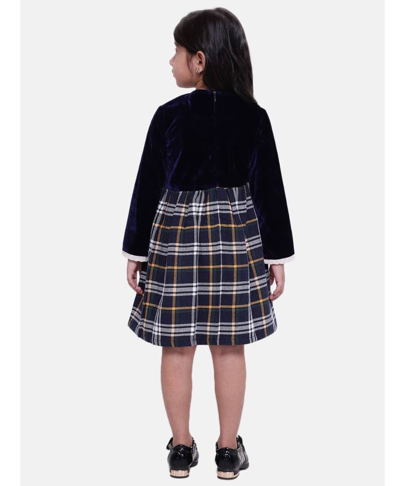 Velvet Twill Full Sleeve Dress For Baby Girl-Navy Blue