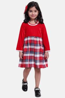 Velvet Twill Full Sleeve Dress For Baby Girl-Red