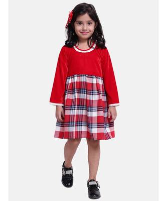 Velvet Twill Full Sleeve Dress For Baby Girl-Red 1