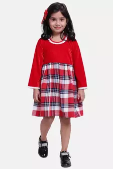 Velvet Twill Full Sleeve Dress For Baby Girl-Red