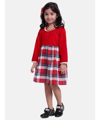 Velvet Twill Full Sleeve Dress For Baby Girl-Red 2