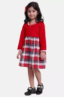 Velvet Twill Full Sleeve Dress For Baby Girl-Red