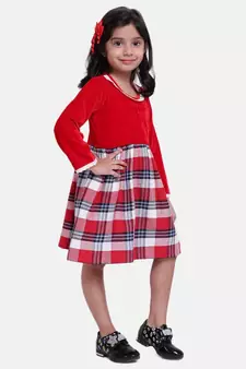 Velvet Twill Full Sleeve Dress For Baby Girl-Red