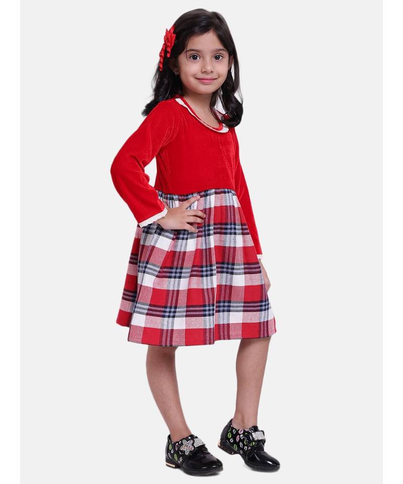 Velvet Twill Full Sleeve Dress For Baby Girl-Red