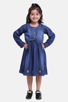 Full Sleeve Denim Dress For Baby Girl- Dark Blue