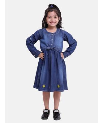 Full Sleeve Denim Dress For Baby Girl- Dark Blue 1