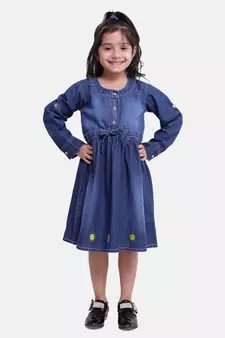 Full Sleeve Denim Dress For Baby Girl- Dark Blue