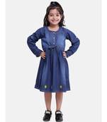 Full Sleeve Denim Dress For Baby Girl- Dark Blue