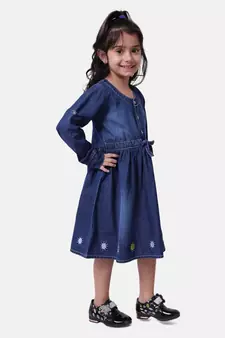 Full Sleeve Denim Dress For Baby Girl- Dark Blue