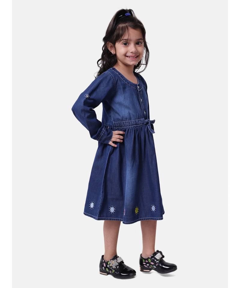 Full Sleeve Denim Dress For Baby Girl- Dark Blue