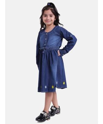 Full Sleeve Denim Dress For Baby Girl- Dark Blue 3