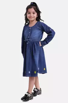 Full Sleeve Denim Dress For Baby Girl- Dark Blue