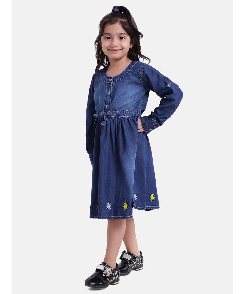 Full Sleeve Denim Dress For Baby Girl- Dark Blue