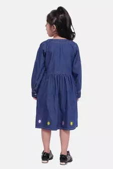 Full Sleeve Denim Dress For Baby Girl- Dark Blue