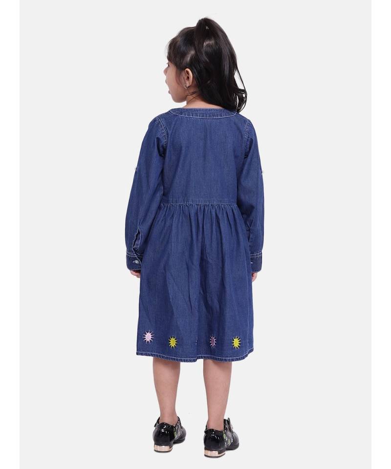 Full Sleeve Denim Dress For Baby Girl- Dark Blue