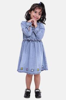 Full Sleeve Denim Dress For Baby Girl- Light Blue