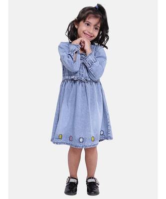 Full Sleeve Denim Dress For Baby Girl- Light Blue 1