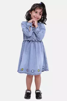 Full Sleeve Denim Dress For Baby Girl- Light Blue