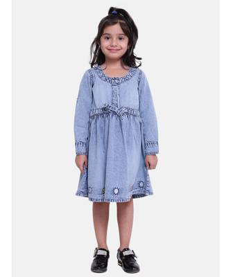 Full Sleeve Denim Dress For Baby Girl- Light Blue 2