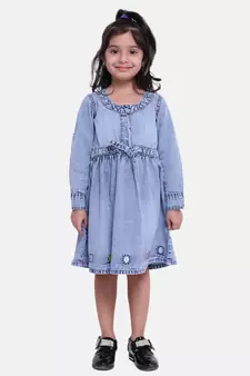 Full Sleeve Denim Dress For Baby Girl- Light Blue