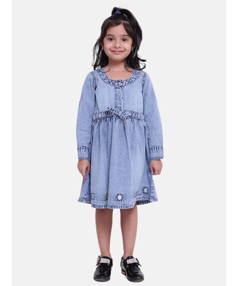 Full Sleeve Denim Dress For Baby Girl- Light Blue