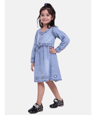 Full Sleeve Denim Dress For Baby Girl- Light Blue 3