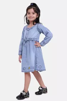 Full Sleeve Denim Dress For Baby Girl- Light Blue