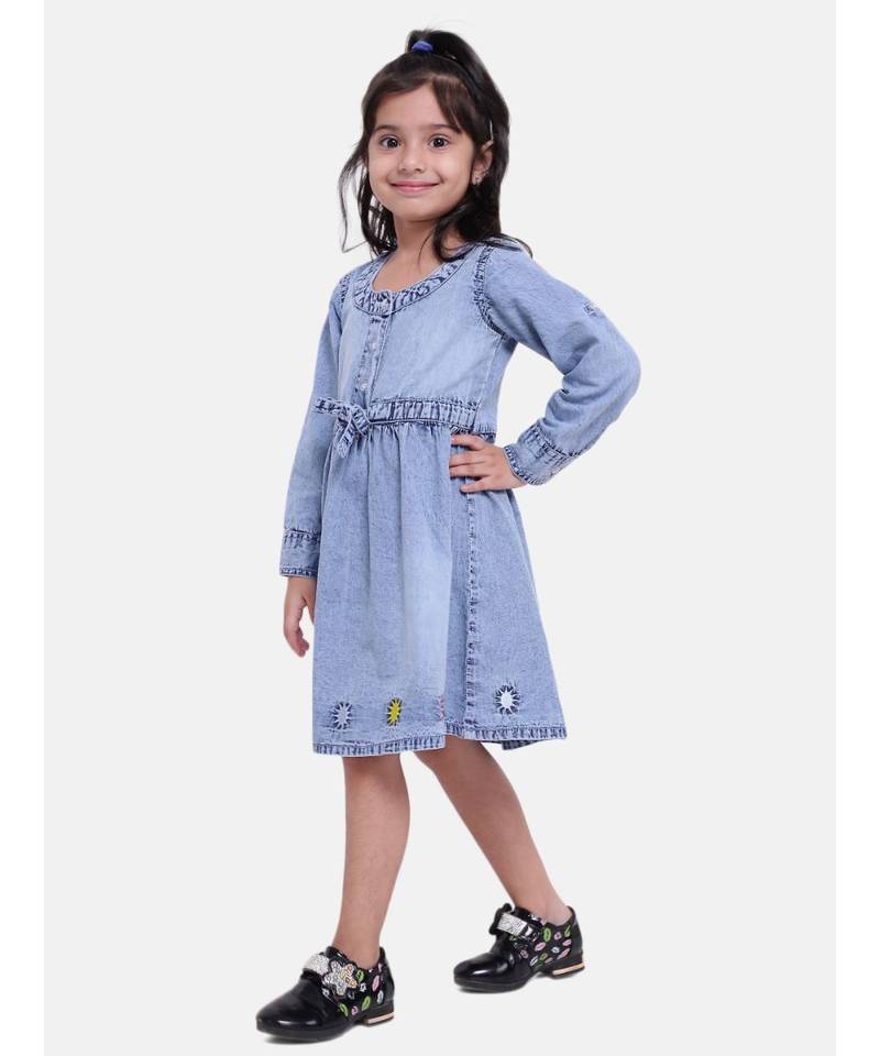 Full Sleeve Denim Dress For Baby Girl- Light Blue