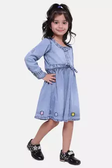 Full Sleeve Denim Dress For Baby Girl- Light Blue